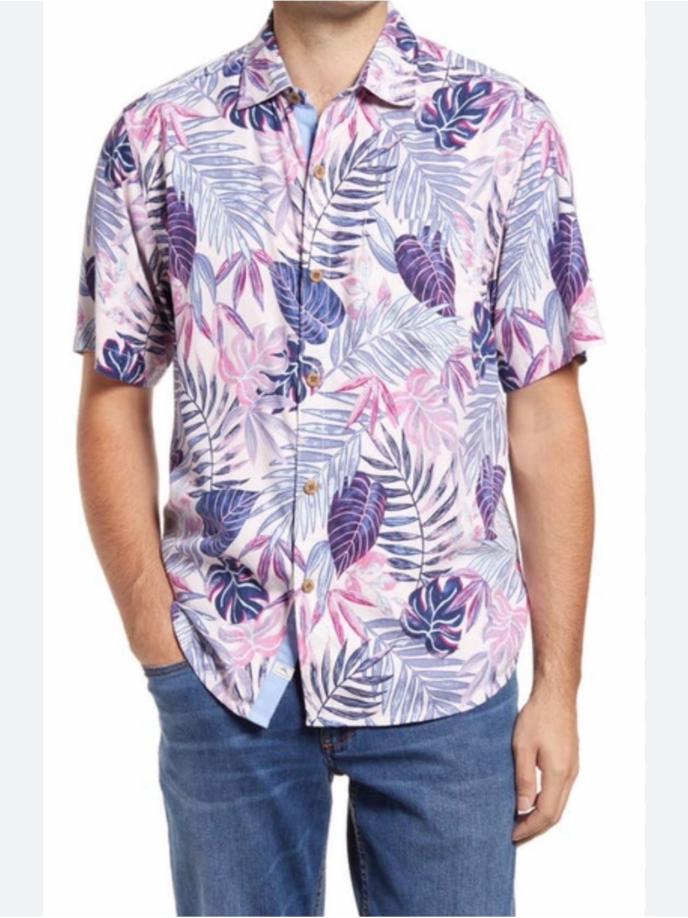Tommy Bahama 100% Silk Tropical Floral Button Up Shirt Pink Blue Resort XXL